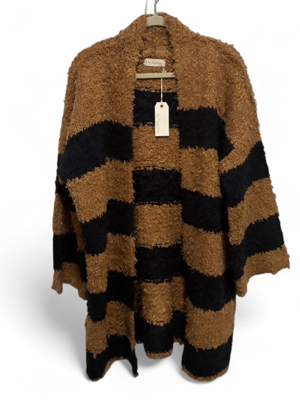 NWT By Together Light Brown Black Striped Plush Open Front Oversized Cardigan